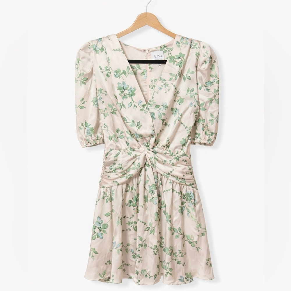 MISA Los Angeles Floral Twist Front Mini Dress XS Puff Sleeve Ruched Waist - Picture 3 of 10